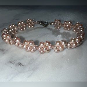 Pastel Pink Pearl Bracelet Flower Motif with silver clasp 7 inches long